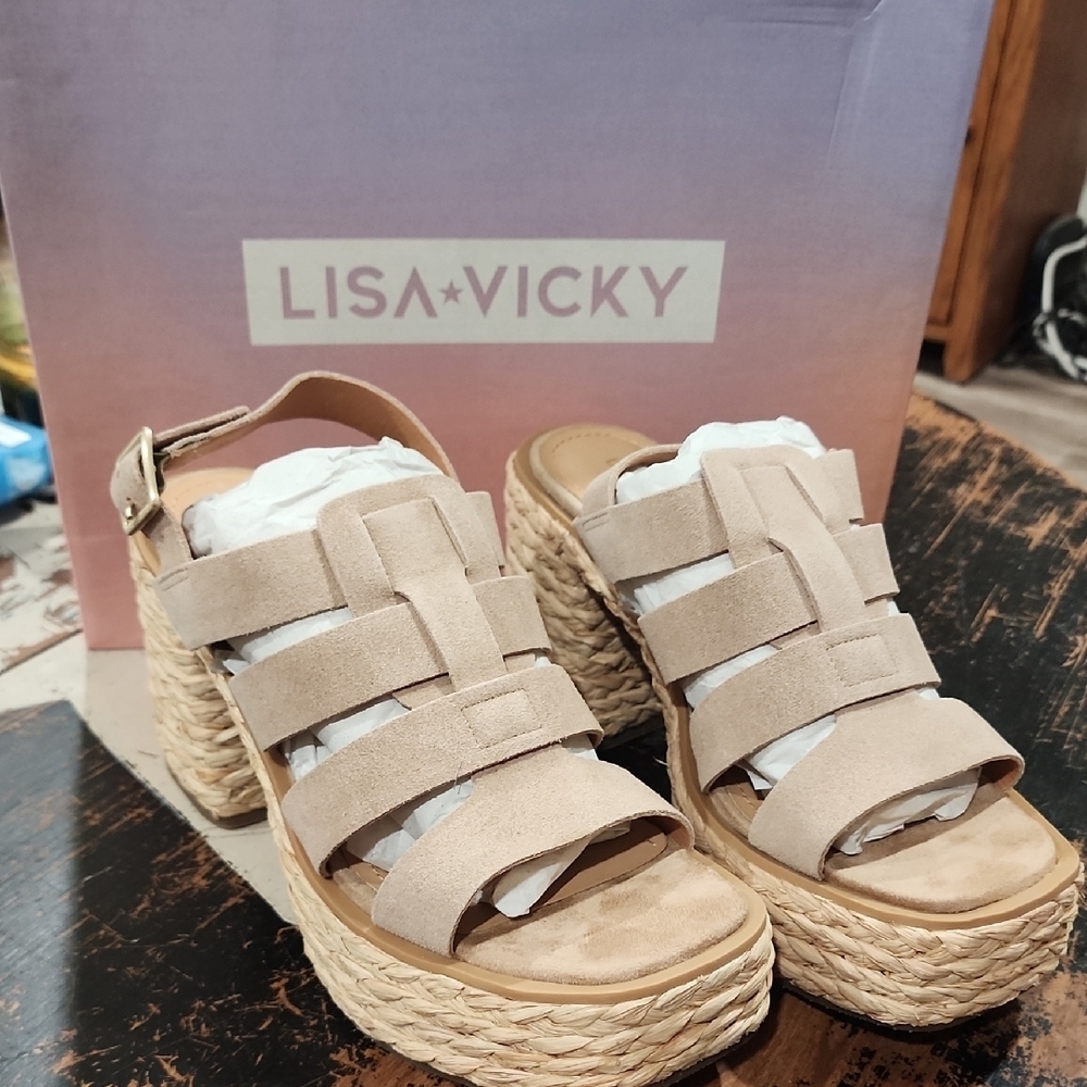 Lisa & Vicky Just -V Tan Carmel Strappy Suede Platform Women Size 8